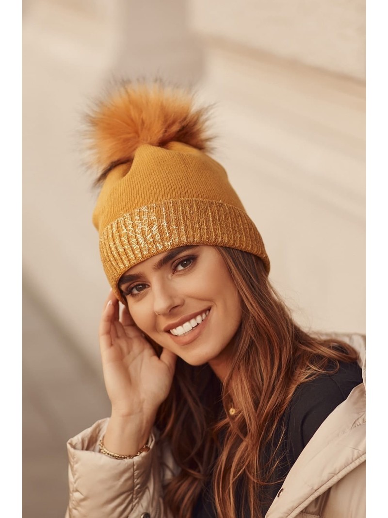 Winter hat with shiny mustard cuff C61 - Online store - Boutique